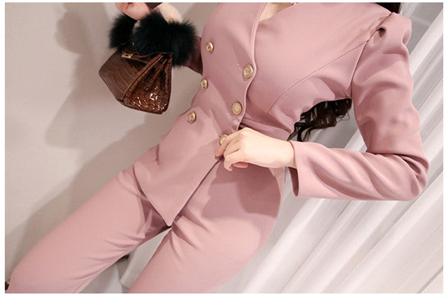 CM-JF111419 Women Elegant Seoul Style Double-Breasted V-Neck Slim Long Jumpsuit - Pink