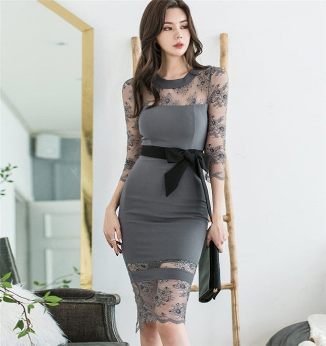 CM-DF111717 Women Casual Seoul Style Lace Round Neck Tie Waist Bodycon Dress - Gray