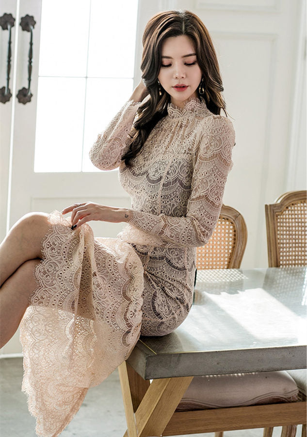 CM-DF111817 Women Charming Seoul Style Stand Collar Lace Flouncing Fishtail Dress