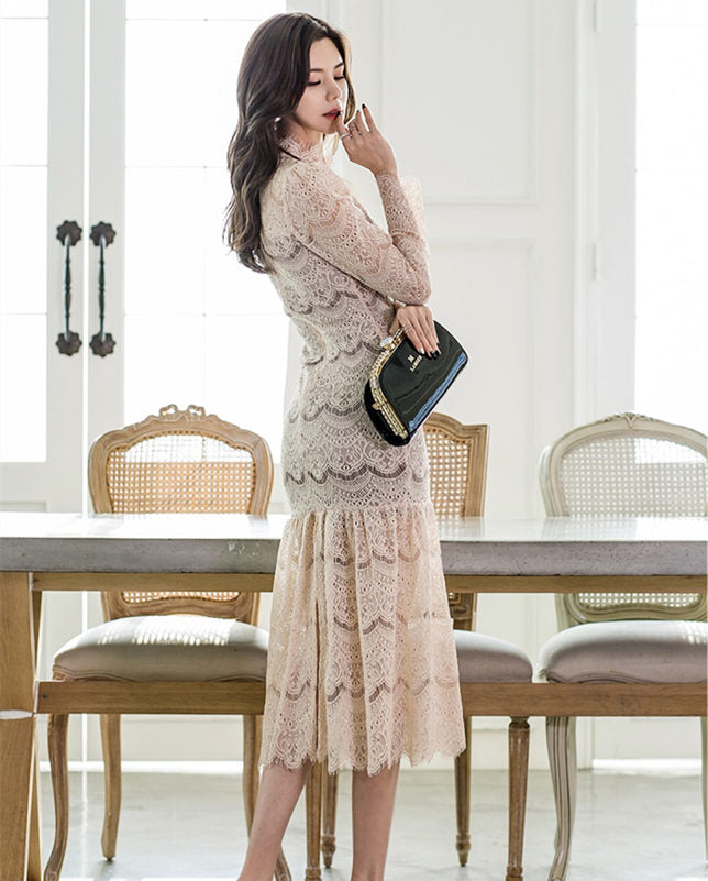 CM-DF111817 Women Charming Seoul Style Stand Collar Lace Flouncing Fishtail Dress