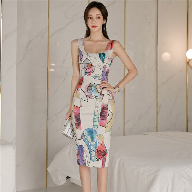 CM-DF112204 Women Casual Seoul Style Square Collar Floral Tank Sleeveless Dress (Available in 2 colors)