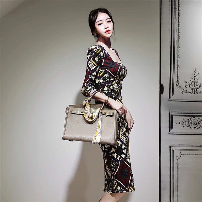 CM-DF112208 Women Casual Seoul Style Square Collar Zipper Open Floral Slim Dress