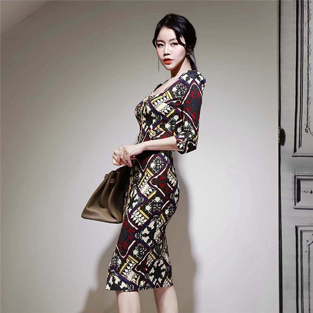 CM-DF112208 Women Casual Seoul Style Square Collar Zipper Open Floral Slim Dress