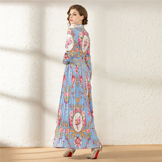 CM-DF112305 Women Elegant European Style Shirt Collar Floral Pleated Maxi Dress - Light Blue