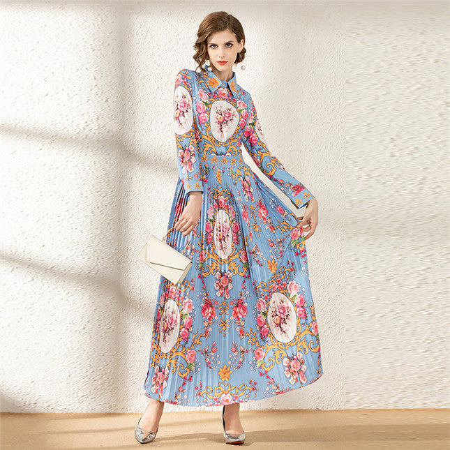 CM-DF112305 Women Elegant European Style Shirt Collar Floral Pleated Maxi Dress - Light Blue