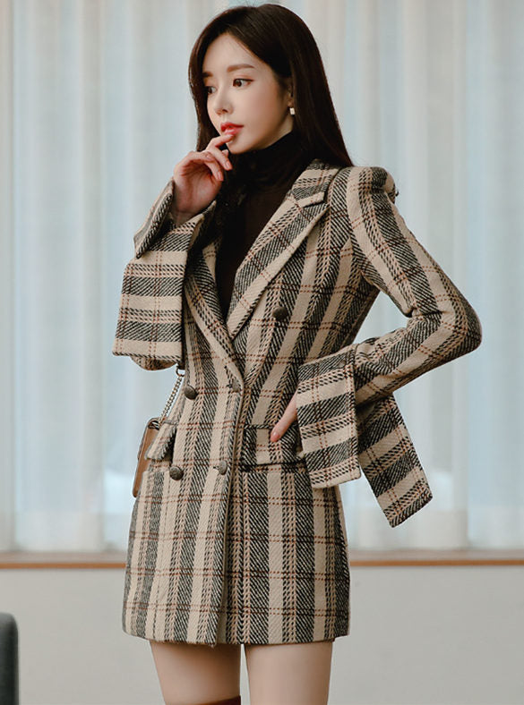 CM-CF112307 Women Retro Seoul Style Double-Breasted Tailored Collar Slim Coat - Khaki