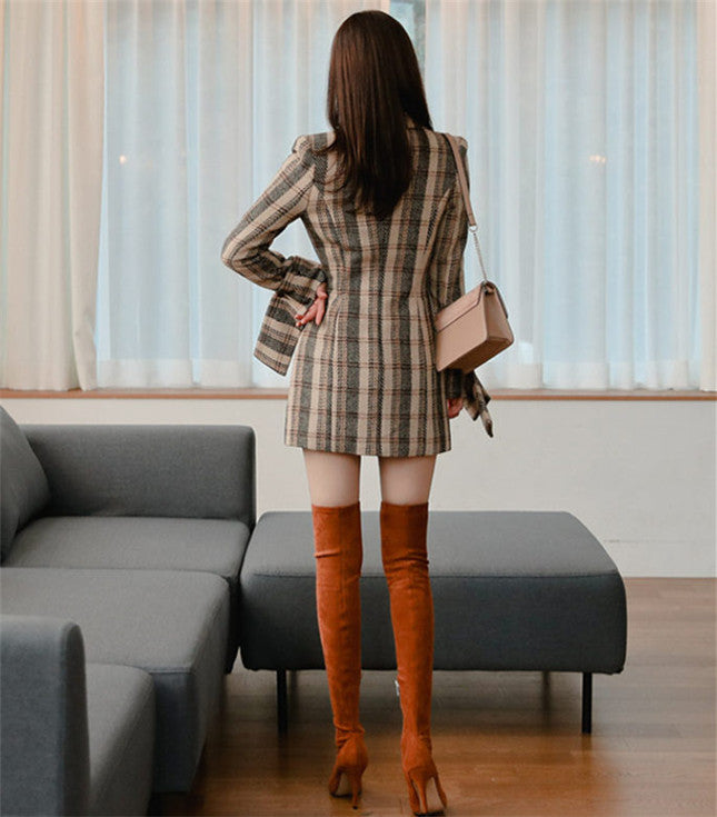 CM-CF112307 Women Retro Seoul Style Double-Breasted Tailored Collar Slim Coat - Khaki