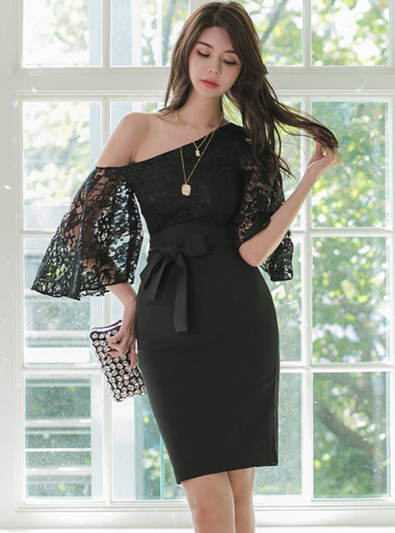 CM-DF112402 Women Elegant Seoul Style Off Shoulder Flare Sleeve Tie Waist Slim Dress - Black