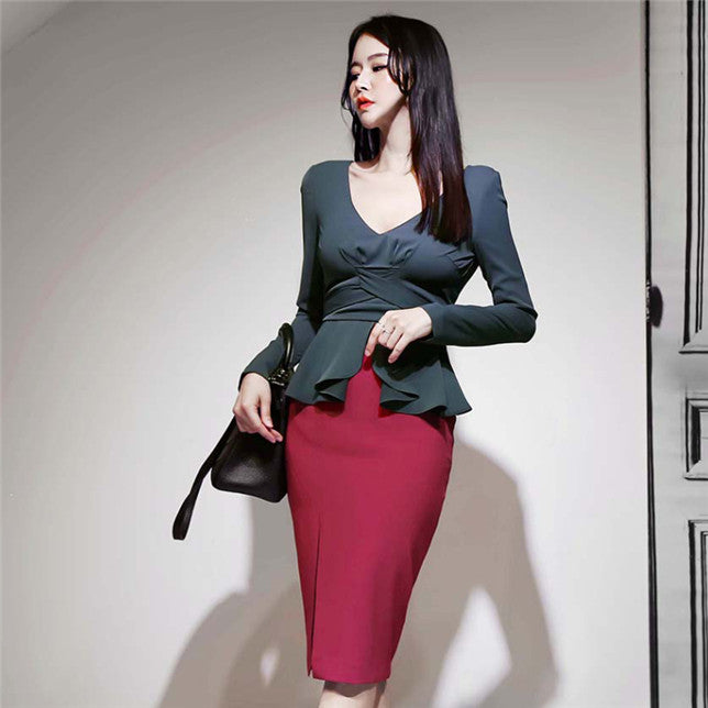 CM-DF112407 Women Elegant Seoul Style V-Neck Flouncing Waist Split Skinny Dress
