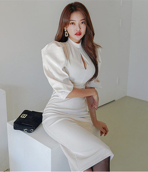 CM-DF112516 Women Elegant Seoul Style Fitted Waist Puff Sleeve Skinny Dress - White