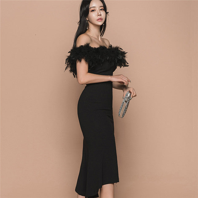CM-DF112612 Women Elegant Seoul Style Feathers Boat Neck Fishtail Skinny Dress - Black