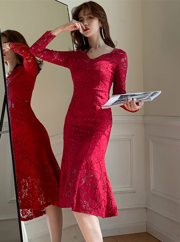 CM-DF112614 Women Elegant Seoul Style Long Sleeve V-Neck Lace Fishtail Bodycon Dress - Red