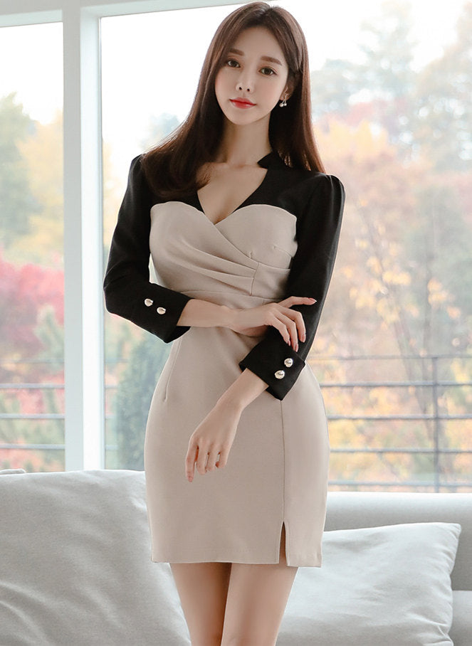 CM-DF113001 Women Casual Seoul Style 3/4 Sleeve Pleated V-Neck Bodycon Short Dress