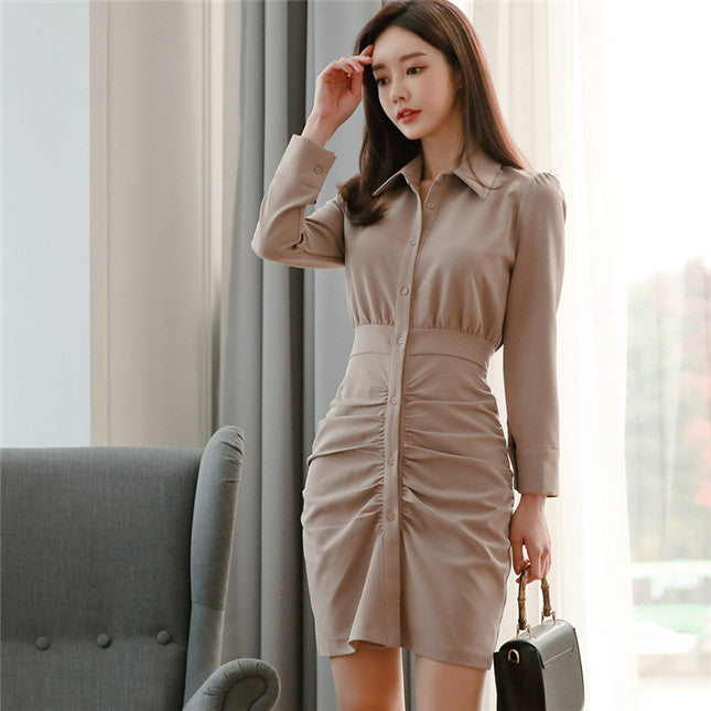CM-DF113007 Women Casual Seoul Style Single-Breasted Pleated Skinny Shirt Dress - Khaki