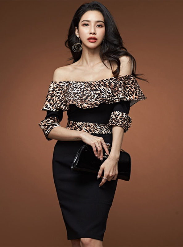 CM-DF120108 Women Elegant Seoul Style Half Sleeve Leopard Flouncing Boat Neck Slim Dress