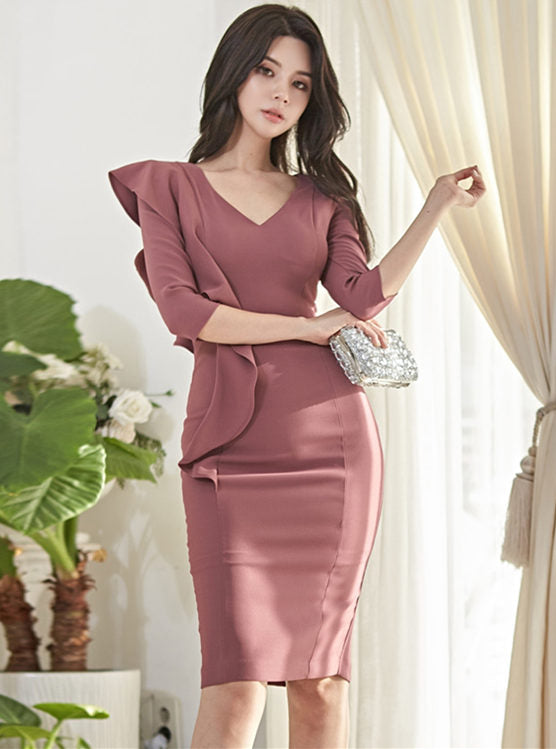 CM-DF120122 Women Elegant Seoul Style Long Sleeve V-Neck Flouncing Skinny Dress