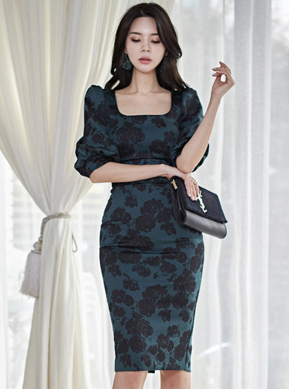 CM-DF120407 Women Retro Seoul Style Half Sleeve Square Collar Floral Bodycon Dress