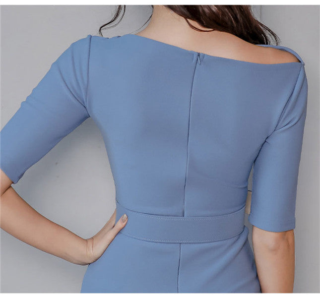 CM-DF120417 Women Elegant Seoul Style Short Sleeve Belt Waist Bodycon Dress - Blue