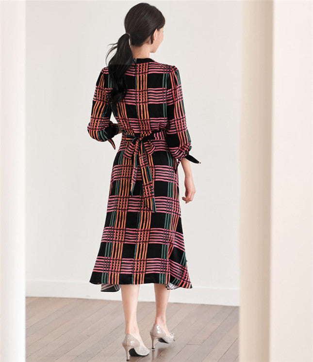 CM-DF120514 Women Casual Seoul Style Long Sleeve Bowknot Collar Plaids A-Line Long Dress