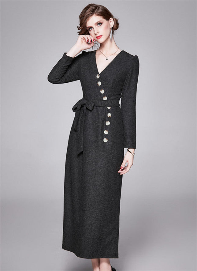 CM-DF120617 Women Retro European Style Single-Breasted V-neck Split Long Dress