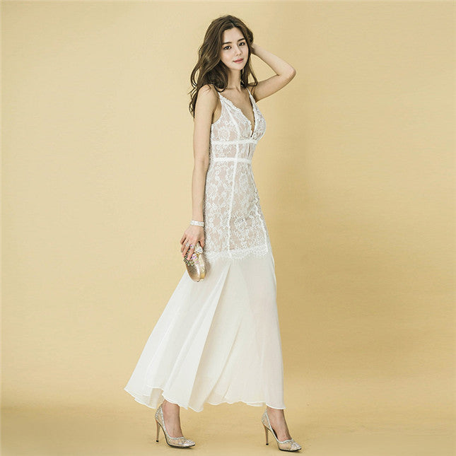 CM-DF120804 Women Casual Seoul Style Low V-Neck Fishtail Lace Straps Maxi Dress - White