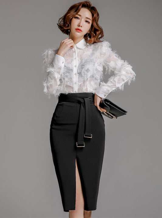 CM-SF120806 Women Elegant Seoul Style Feathers Blouse With Tie Waist Split Skirt - Set