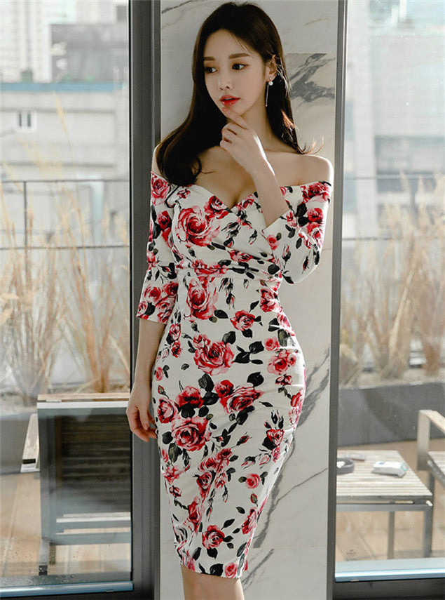 CM-DF120810 Women Casual Seoul Style Boat Neck Pleated Waist Floral Slim Dress