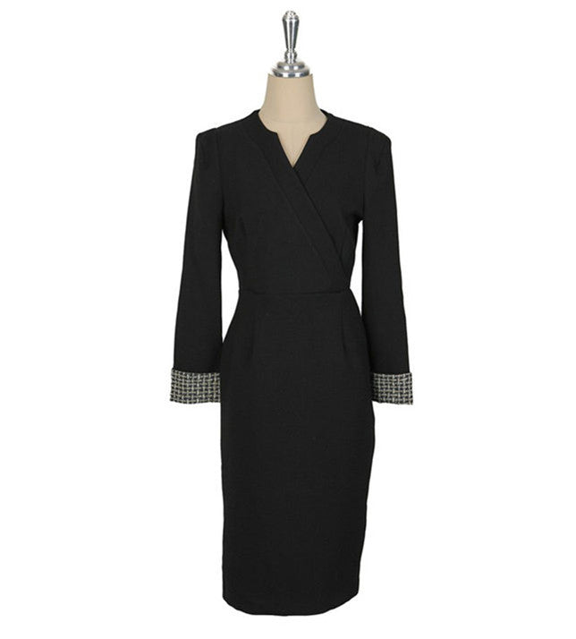 CM-DF120812 Women Elegant Seoul Style V-Neck Plaids Long Sleeve Bodycon Dress - Black