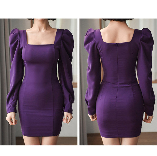CM-DF120816 Women Casual Seoul Style Square Collar Puff Sleeve Slim Short Dress - Purple