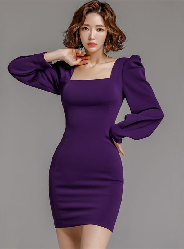 CM-DF120816 Women Casual Seoul Style Square Collar Puff Sleeve Slim Short Dress - Purple