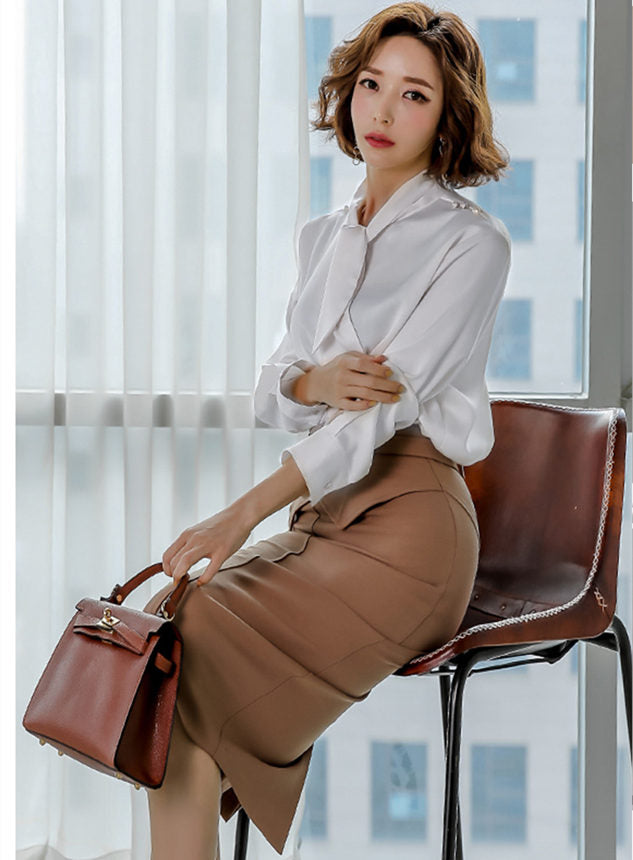 CM-SF120819 Women Elegant Seoul Style Tie Collar Blouse With Slim Midi Skirt - Set