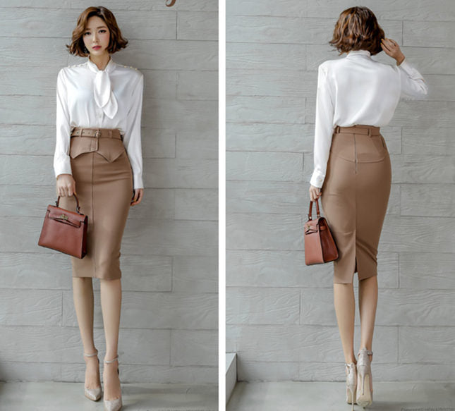 CM-SF120819 Women Elegant Seoul Style Tie Collar Blouse With Slim Midi Skirt - Set