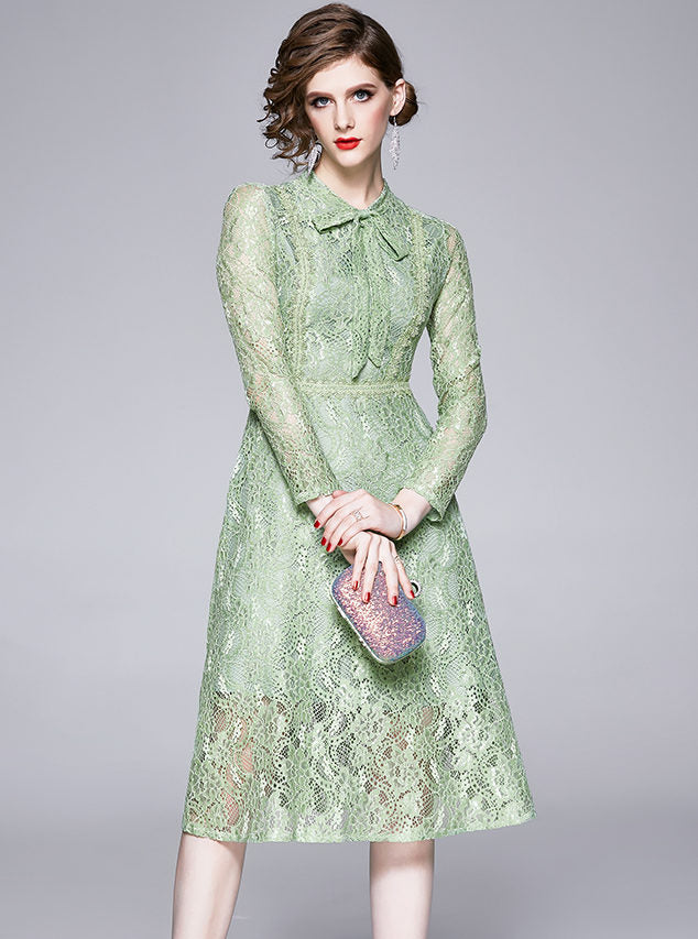 CM-DF120904 Women Elegant European Style Tie Collar High Waist Lace A-Line Dress - Green