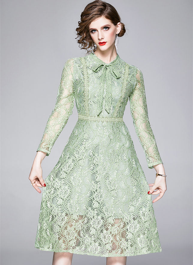 CM-DF120904 Women Elegant European Style Tie Collar High Waist Lace A-Line Dress - Green