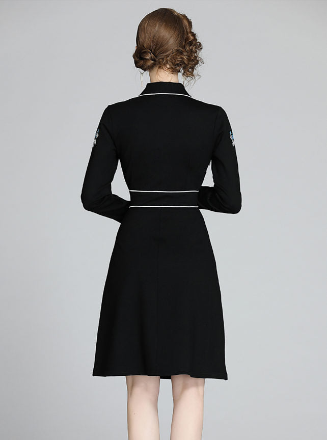 CM-DF120911 Women Retro European Style Embroidery Doll Collar Bodycon Dress - Black