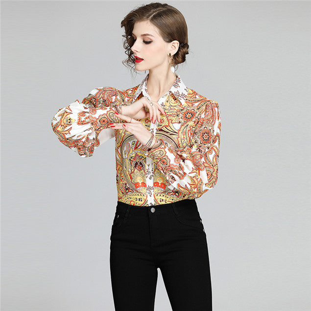CM-TF120929 Women Retro European Style Buttons Open Floral Puff Sleeve Blouse - Yellow