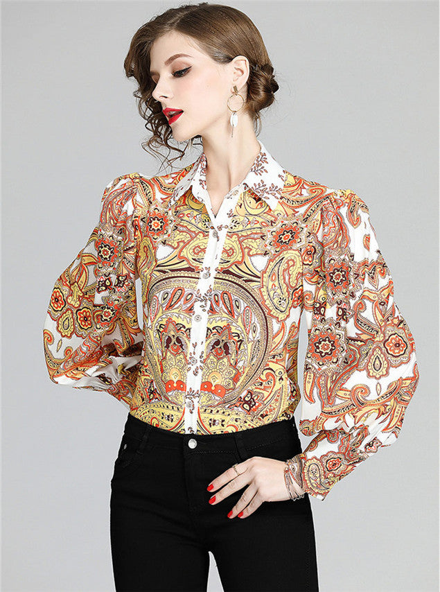 CM-TF120929 Women Retro European Style Buttons Open Floral Puff Sleeve Blouse - Yellow