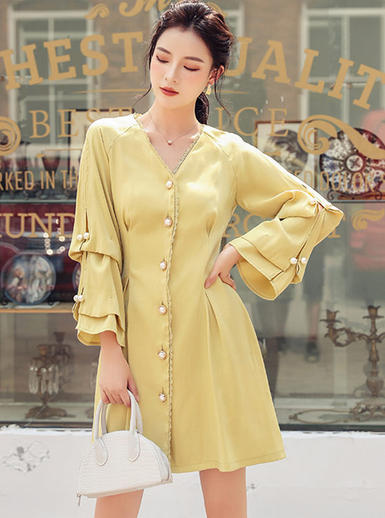 CM-DF121011 Women Casual Seoul Style Single-Breasted Flare Sleeve A-Line Dress - Yellow