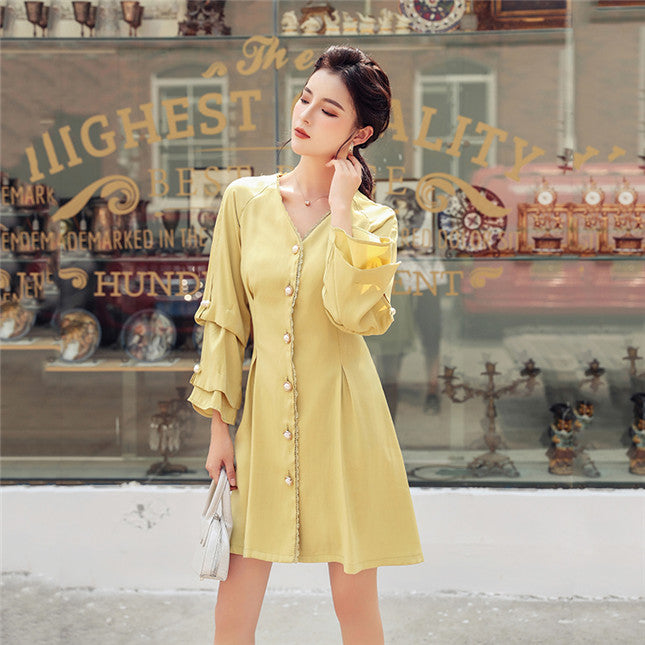 CM-DF121011 Women Casual Seoul Style Single-Breasted Flare Sleeve A-Line Dress - Yellow