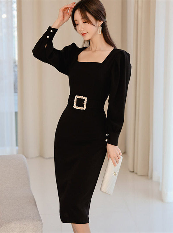 CM-DF121108 Women Elegant Seoul Style Square Collar Slim Long Sleeve Midi Dress - Black