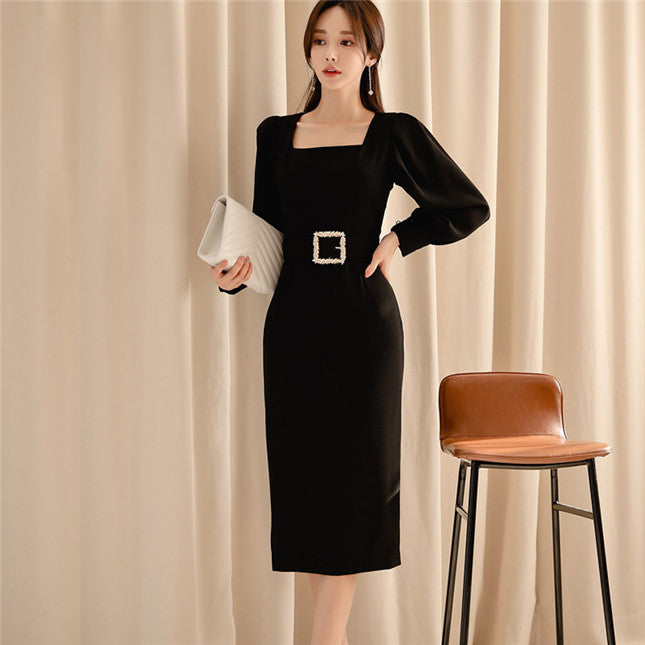 CM-DF121108 Women Elegant Seoul Style Square Collar Slim Long Sleeve Midi Dress - Black