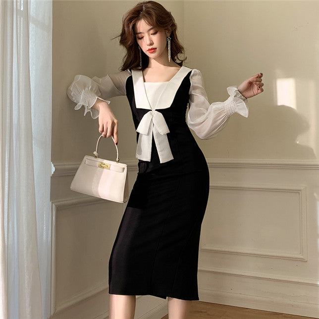 CM-DF121110 Women Trendy Seoul Style Long Sleeve Bowknot Collar Bodycon Dress - Black