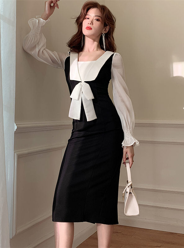 CM-DF121110 Women Trendy Seoul Style Long Sleeve Bowknot Collar Bodycon Dress - Black