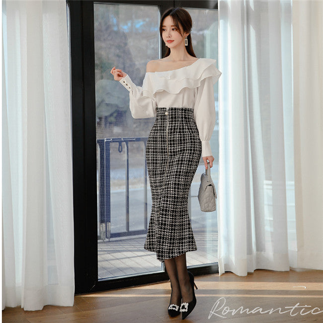 CM-SF121205 Women Elegant Seoul Style Flouncing Blouse With Zipper Plaids Long Skirt - Set