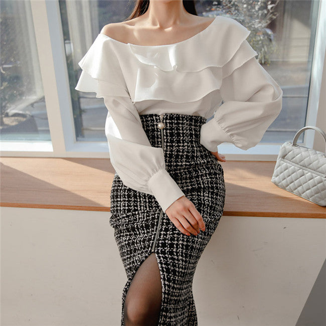 CM-SF121205 Women Elegant Seoul Style Flouncing Blouse With Zipper Plaids Long Skirt - Set