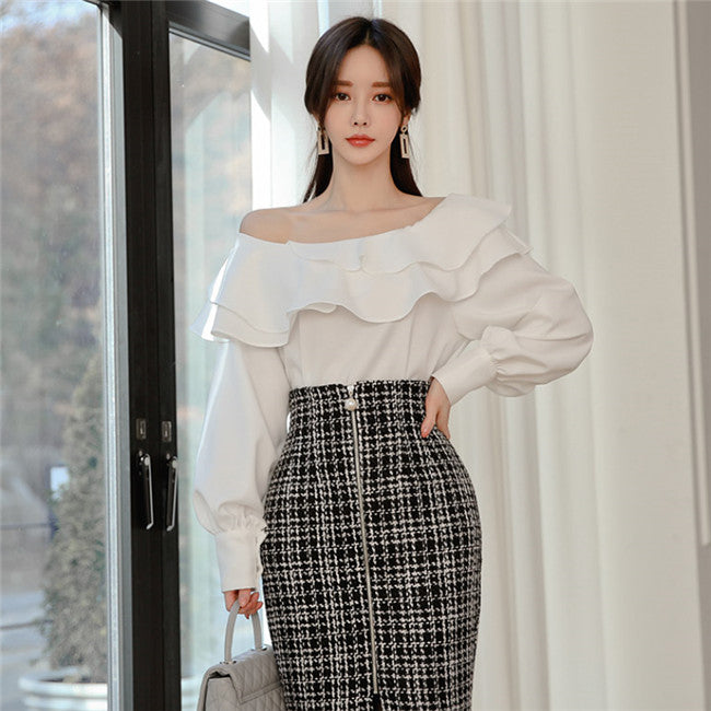 CM-SF121205 Women Elegant Seoul Style Flouncing Blouse With Zipper Plaids Long Skirt - Set