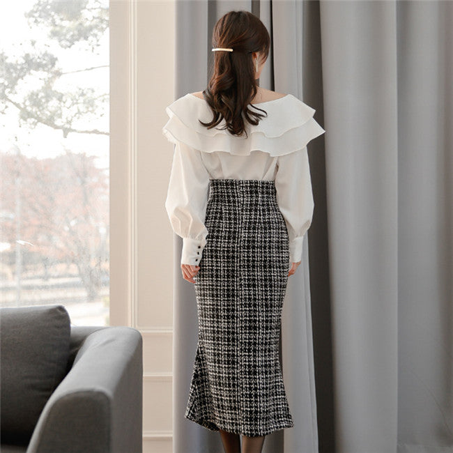 CM-SF121205 Women Elegant Seoul Style Flouncing Blouse With Zipper Plaids Long Skirt - Set