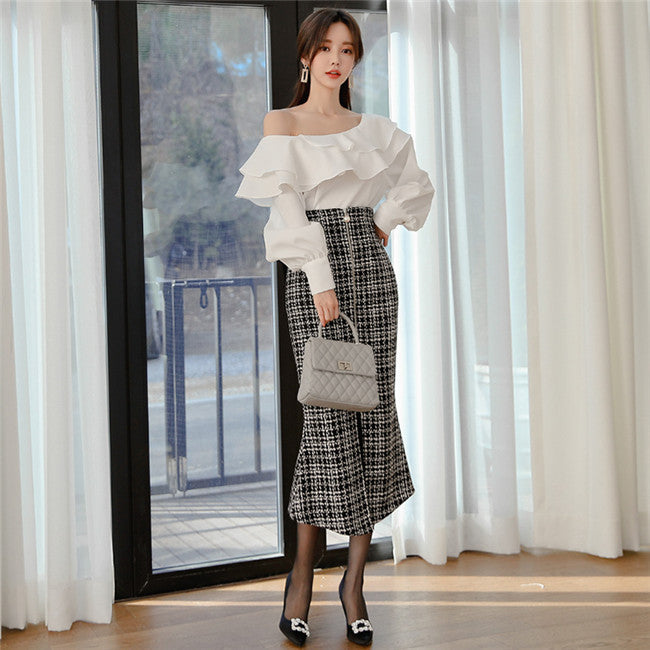 CM-SF121205 Women Elegant Seoul Style Flouncing Blouse With Zipper Plaids Long Skirt - Set