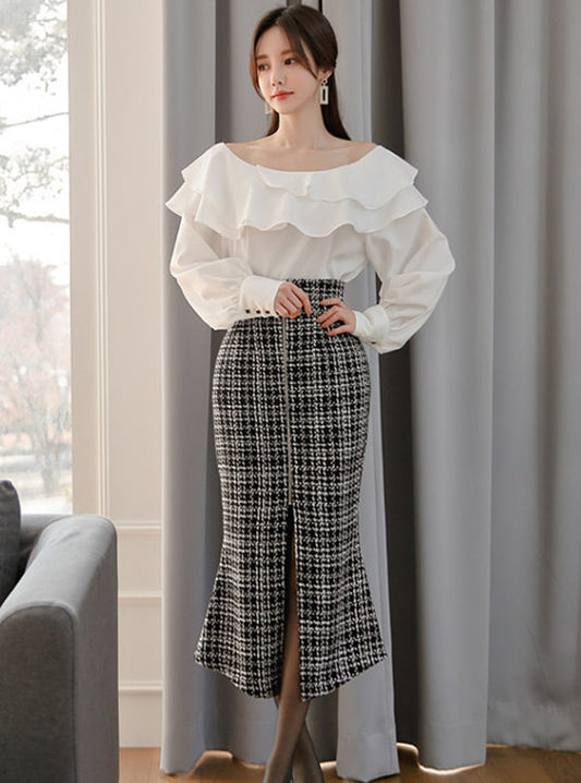 CM-SF121205 Women Elegant Seoul Style Flouncing Blouse With Zipper Plaids Long Skirt - Set