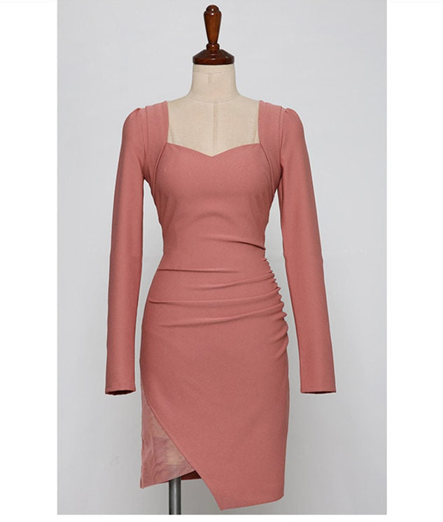 CM-DF121215 Women Elegant Seoul Style Square Collar Pleated Long Sleeve Dress - Pink
